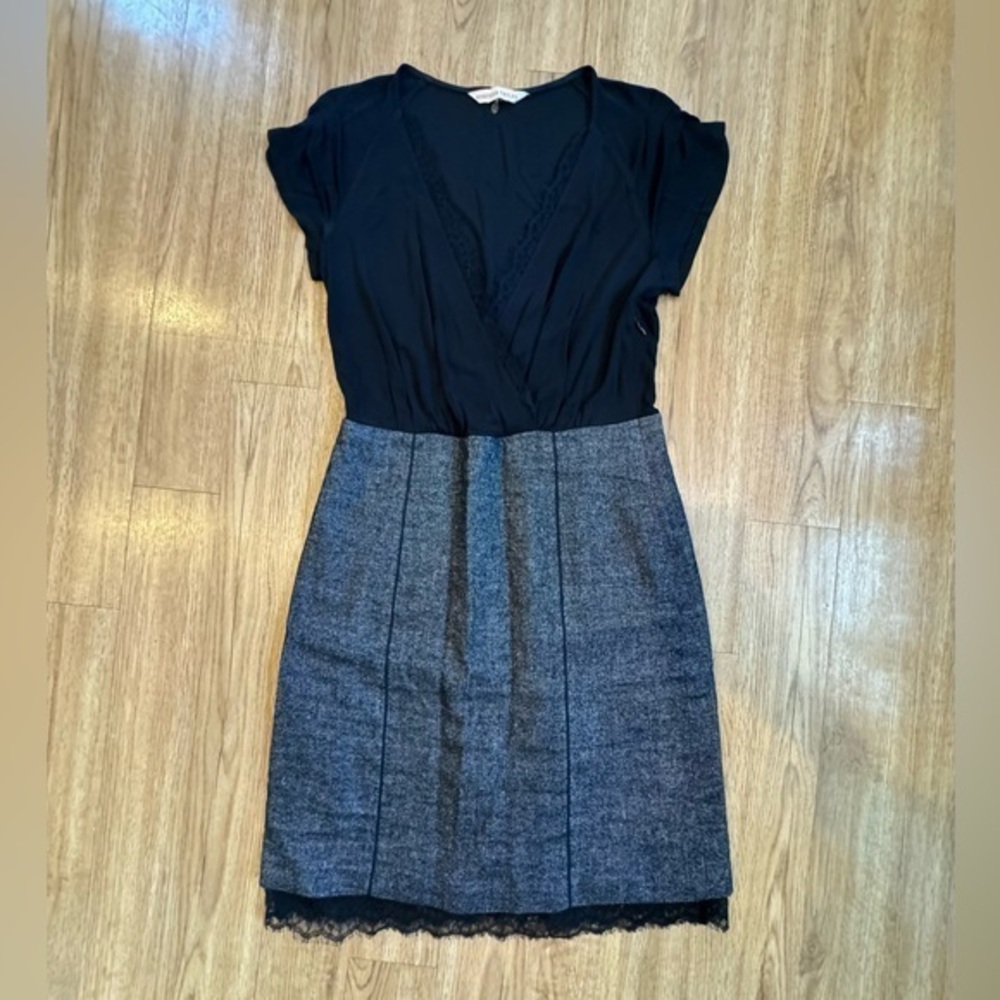Rebecca Taylor Sz 10 Black Gray Lace Dress Linen Blend V-neck career
